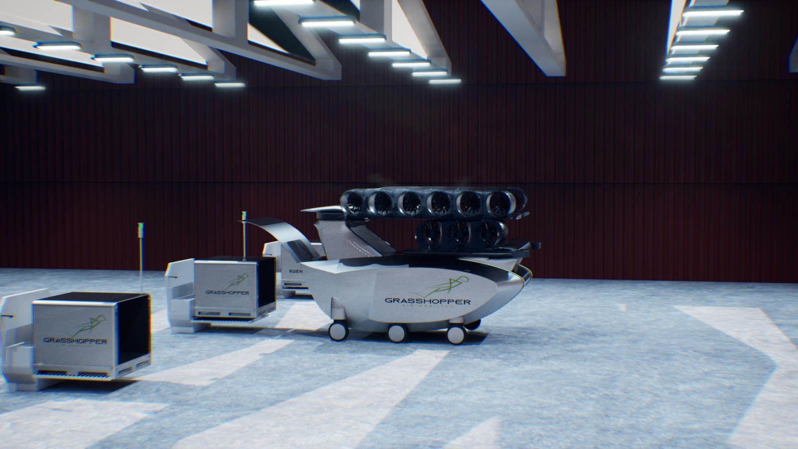 The e350 concept with its wings folded, driving on its own wheels between industrial buildings.